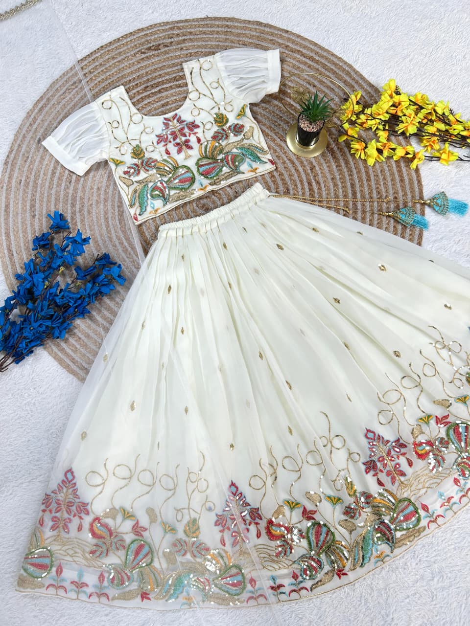 ivory blossom kids embroidered lehenga set
