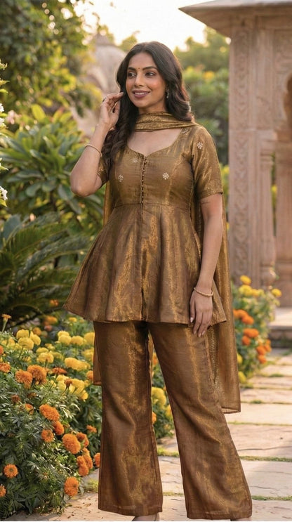 Bronze Glow Cosmos Tissue Peplum Co-Ord Set