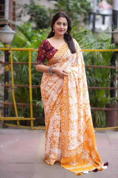 Anandi Hand Batik Chanderi Cotton Saree with Ajrakh Blouse - Yooneck