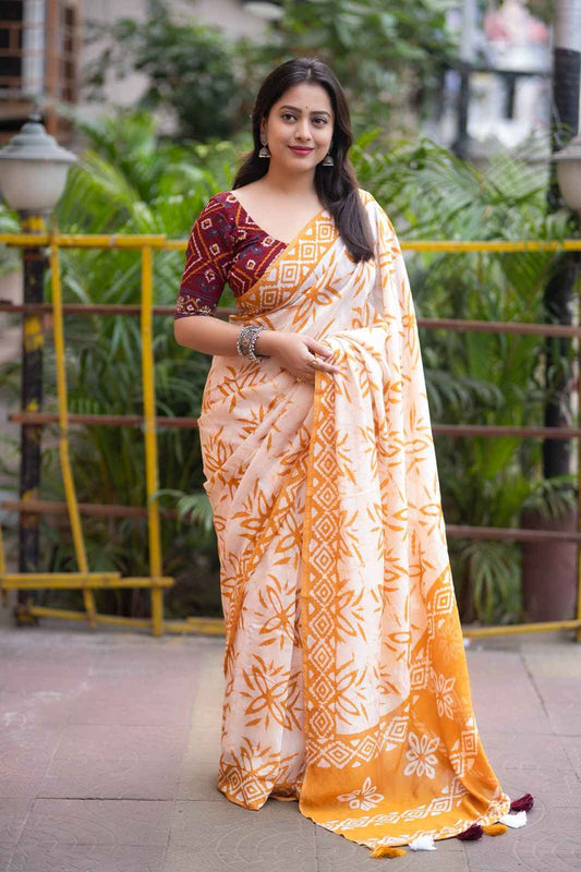 Anandi Hand Batik Chanderi Cotton Saree with Ajrakh Blouse - Yooneck