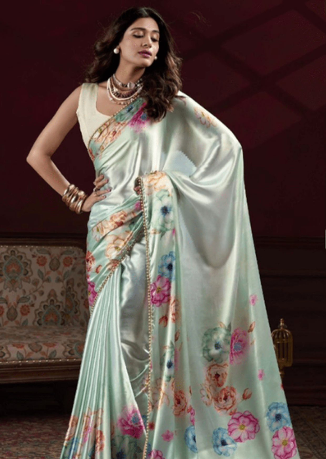 Anaya Mint Blossom Satin Silk Saree - Yooneck