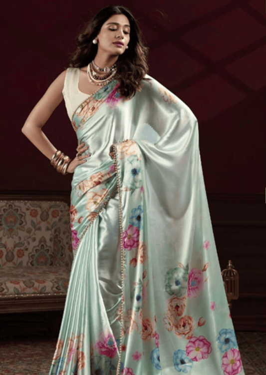 Anaya Mint Blossom Satin Silk Saree - Yooneck