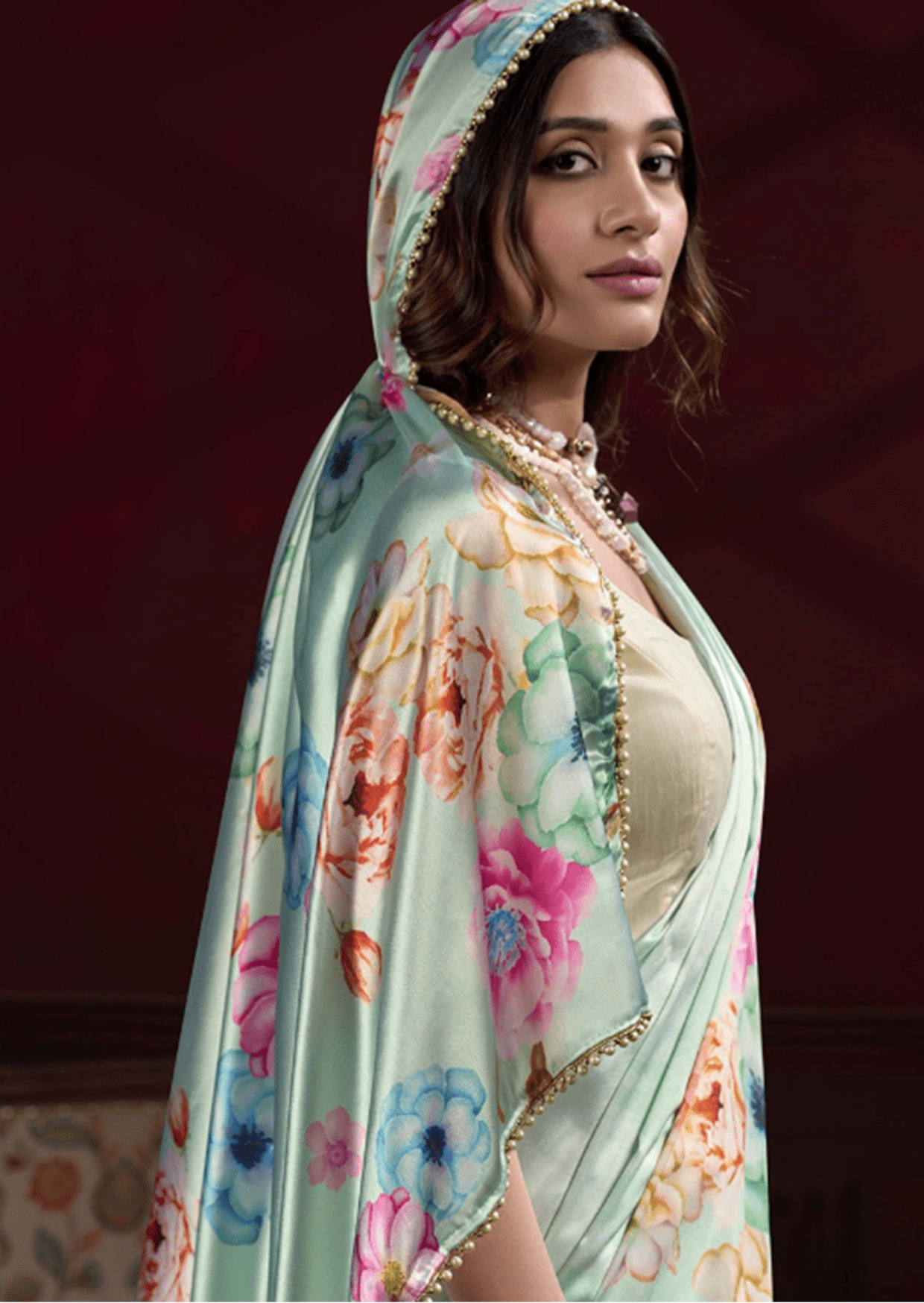 anaya mint blossom satin silk saree - yooneck