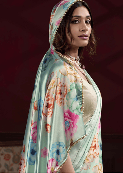 Anaya Mint Blossom Satin Silk Saree - Yooneck