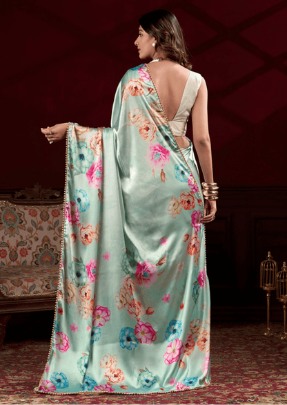Anaya Mint Blossom Satin Silk Saree - Yooneck