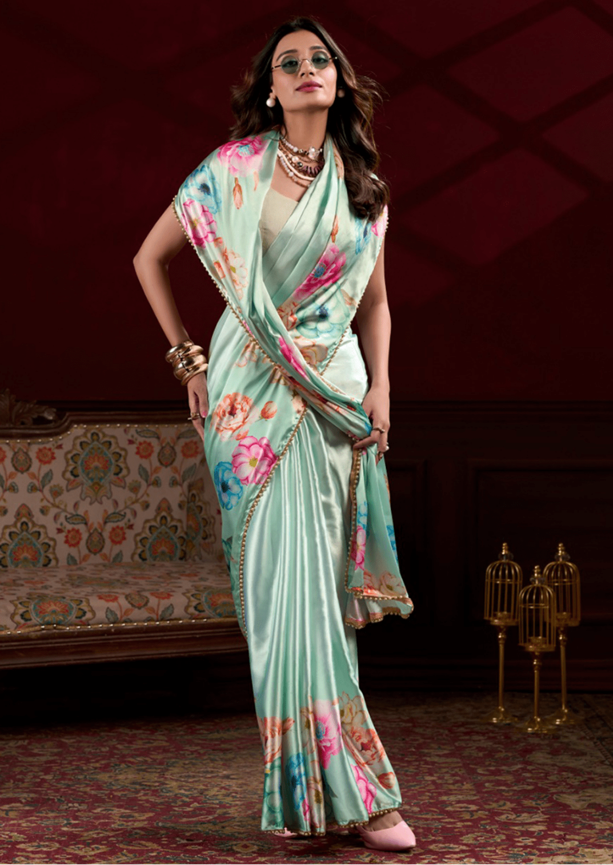 Anaya Mint Blossom Satin Silk Saree - Yooneck