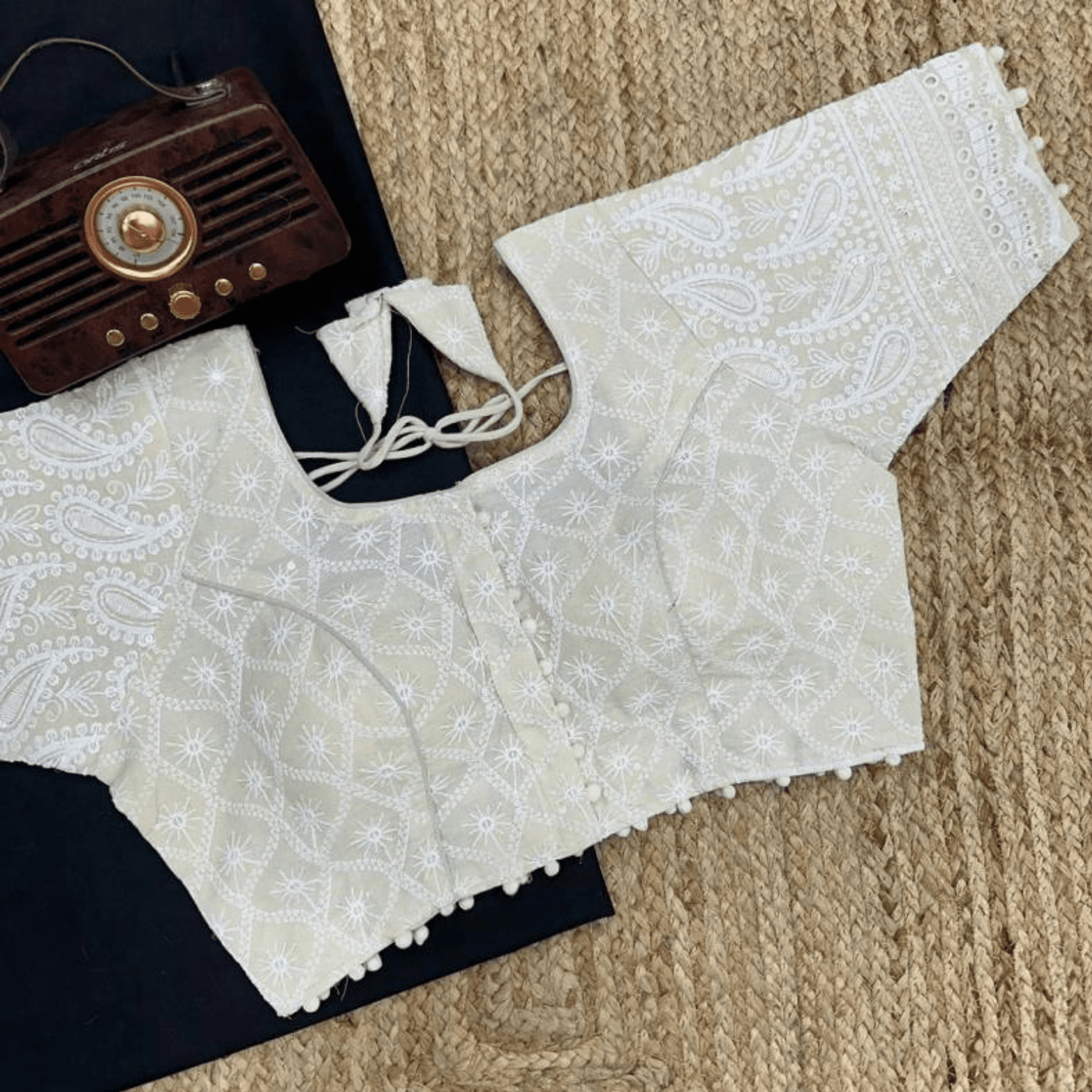anvi ivory lucknowi chikan cotton blouse - yooneck