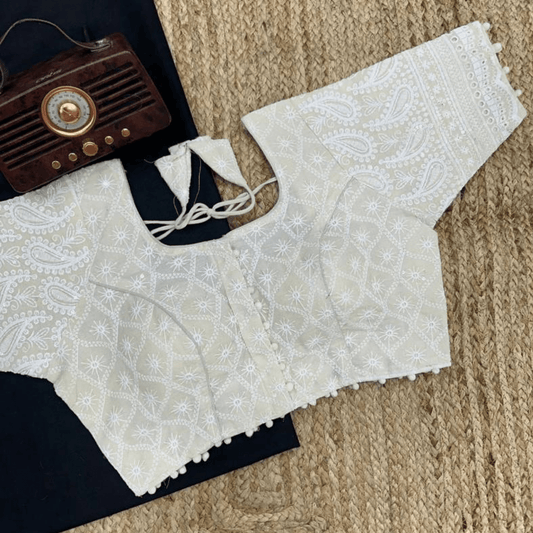 Anvi Ivory Lucknowi Chikan Cotton Blouse - Yooneck