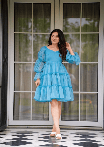 Aqua Charm Ruffled Short Dress - Yooneck