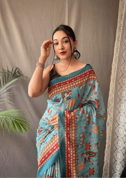 Avyukta Kalamkari Malai Cotton Saree - Yooneck