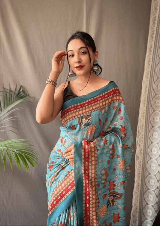 Avyukta Kalamkari Malai Cotton Saree - Yooneck