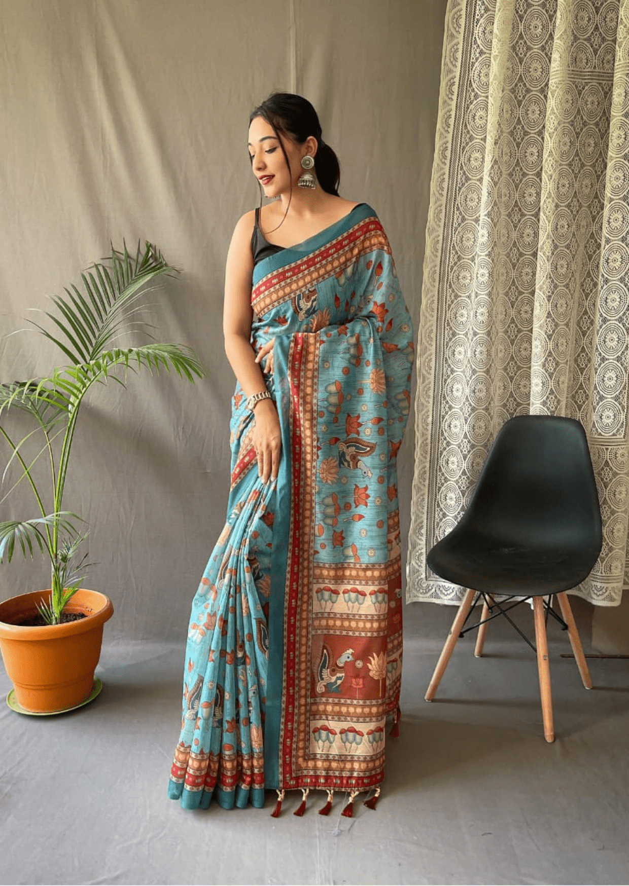 Avyukta Kalamkari Malai Cotton Saree - Yooneck