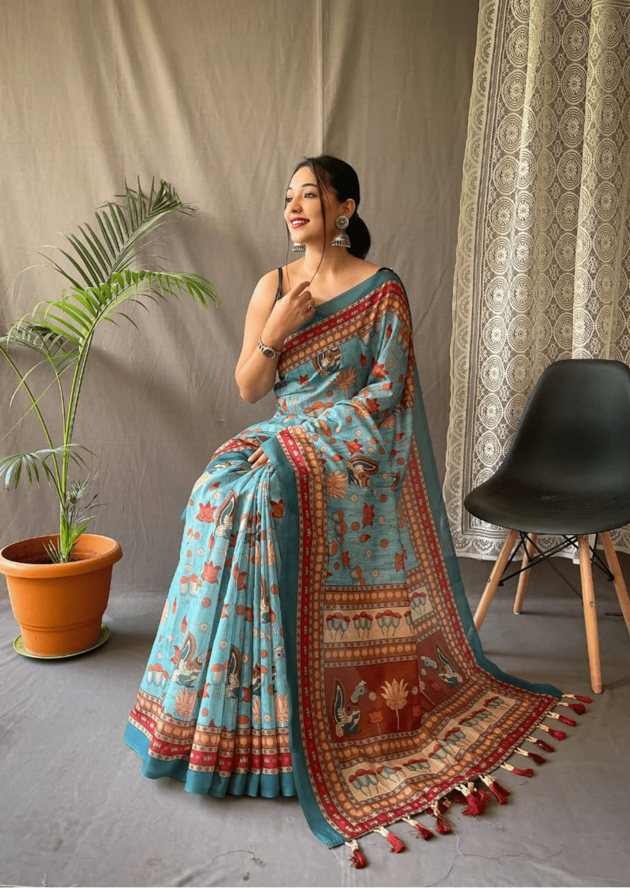 Avyukta Kalamkari Malai Cotton Saree - Yooneck