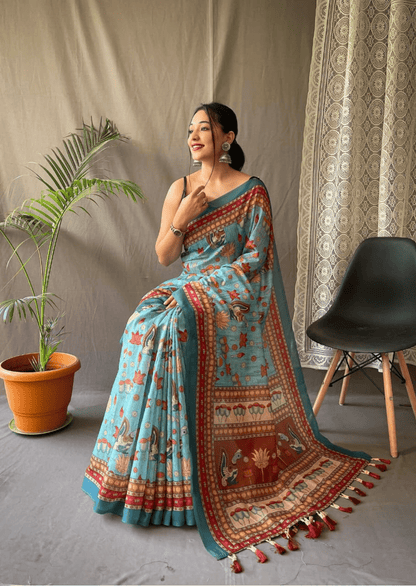 Avyukta Kalamkari Malai Cotton Saree - Yooneck