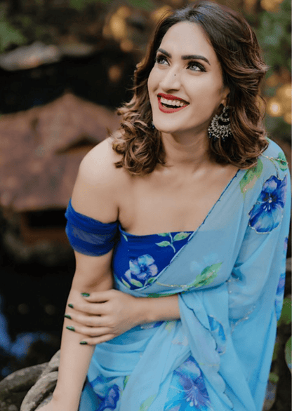 Azure Bloom Digital Print Chiffon Saree - Yooneck
