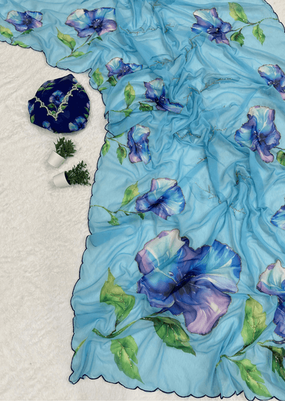 Azure Bloom Digital Print Chiffon Saree - Yooneck