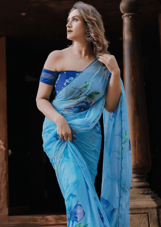 Azure Bloom Digital Print Chiffon Saree - Yooneck