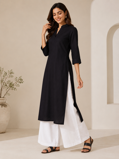Midnight Black Straight Kurta with White Palazzo Set