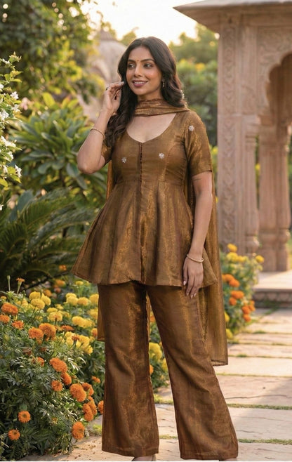 Bronze Glow Cosmos Tissue Peplum Co-Ord Set