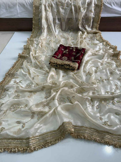 Madhubala Ivory Saree with Stitched Blouse - Yooneck