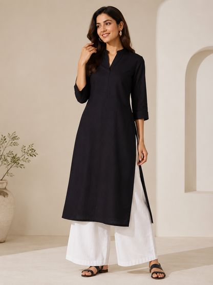 Midnight Black Straight Kurta with White Palazzo Set