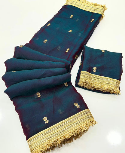 Midnight Teal Space Satin Sequin Embroidered Saree