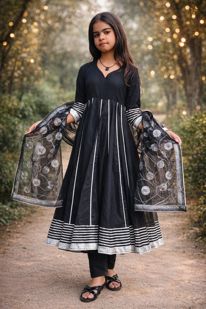 Midnight Bloom Cotton Anarkali Set with Organza Dupatta