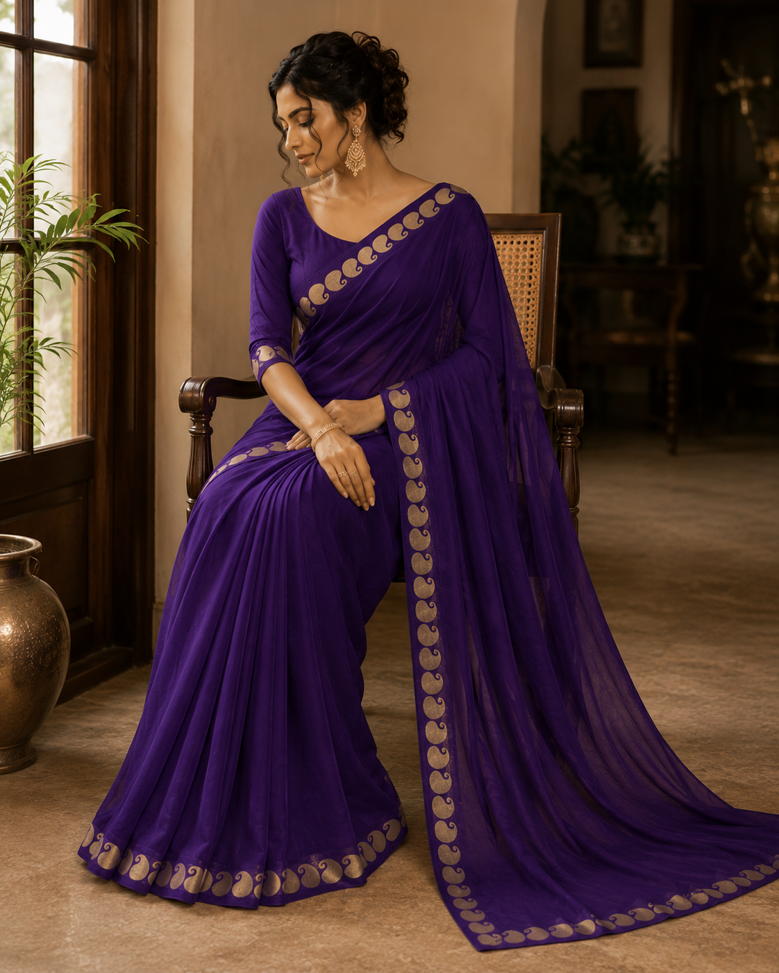 rivaa royal purple viscose georgette saree - yooneck