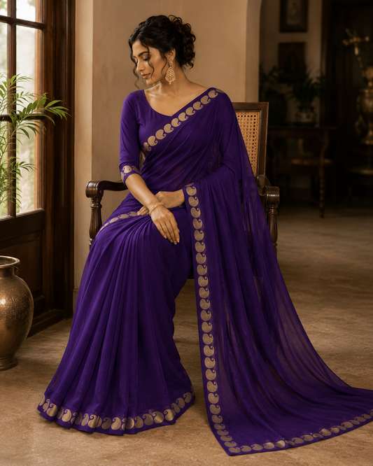 Rivaa Royal Purple Viscose Georgette Saree - Yooneck