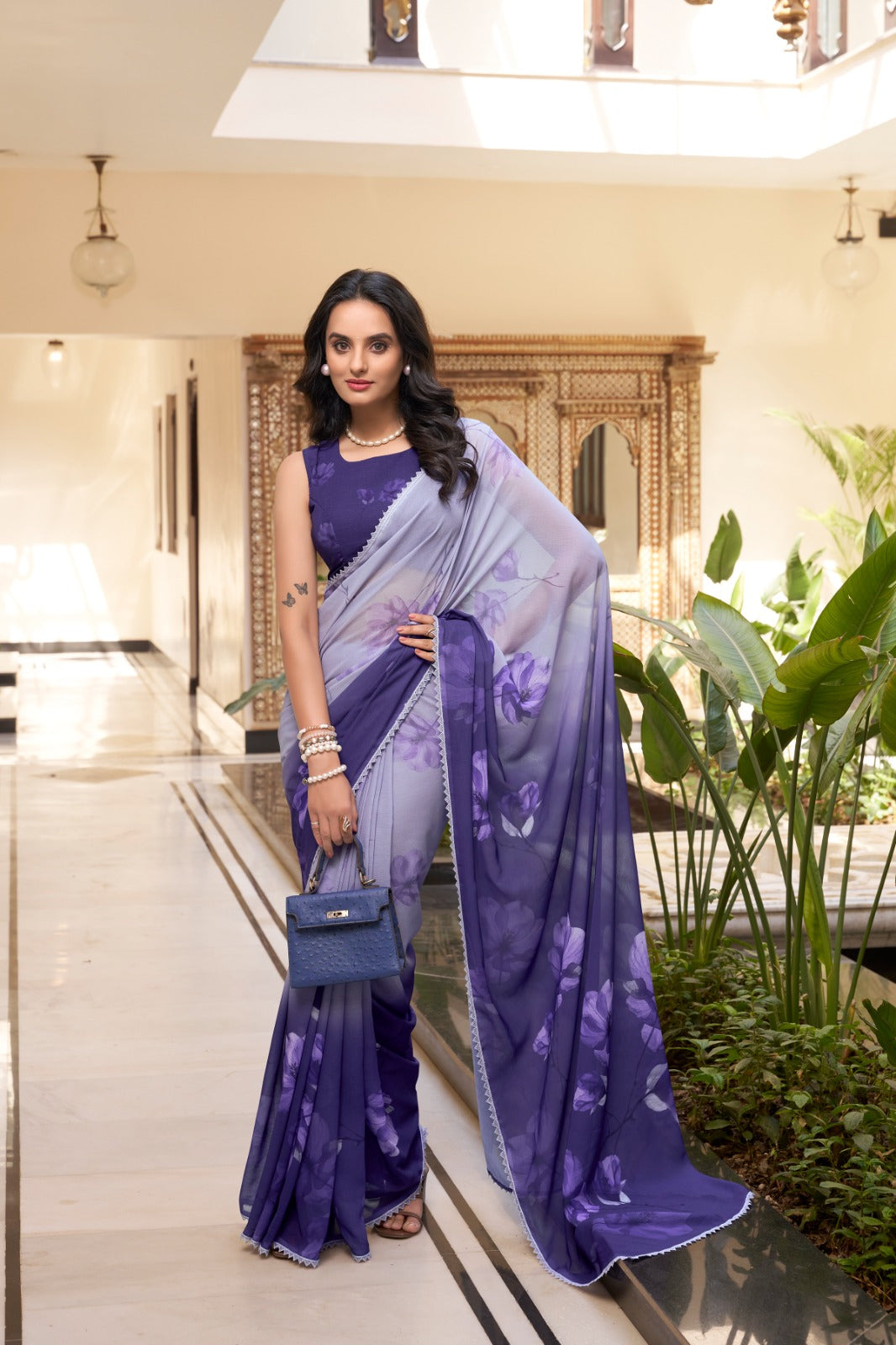violet whisper floral soft georgette saree