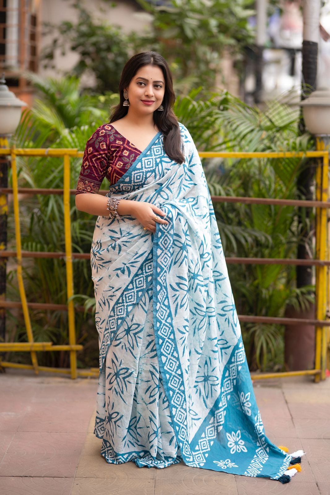 charulata hand batik chanderi cotton saree with ajrakh blouse