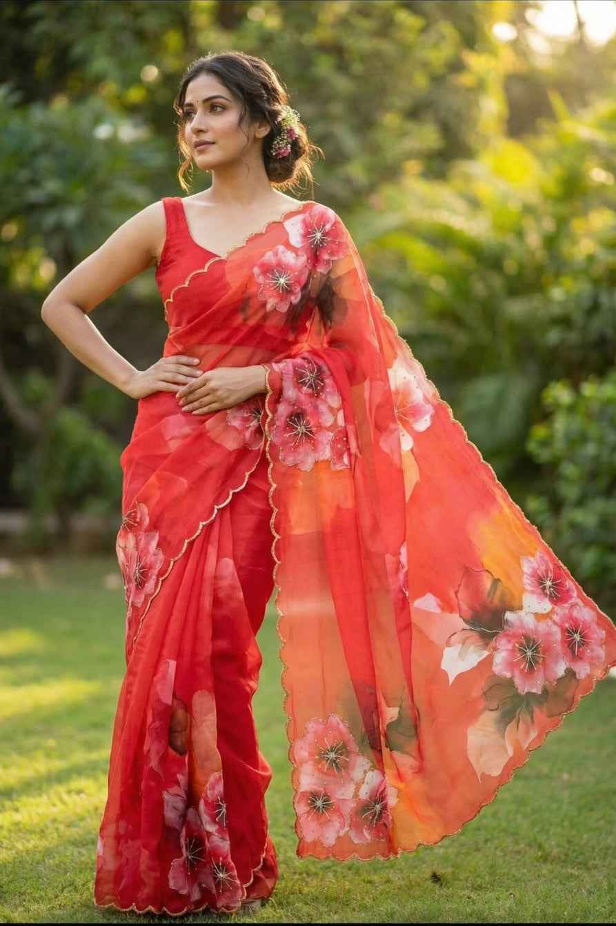 Red Chilli Floral Digital Print Royal Georgette Saree - Yooneck