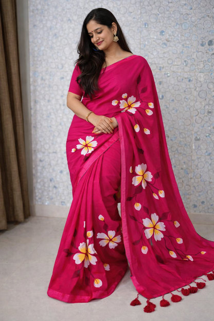 Rani Bloom Premium Mull Cotton Handprint Saree