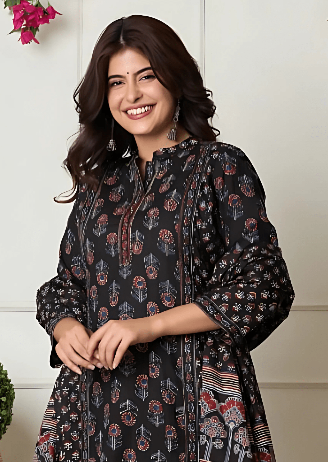 black ethnic flair printed cotton suit set - yooneck