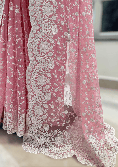 Blush Elegance Pink Embroidered Net Saree - Yooneck