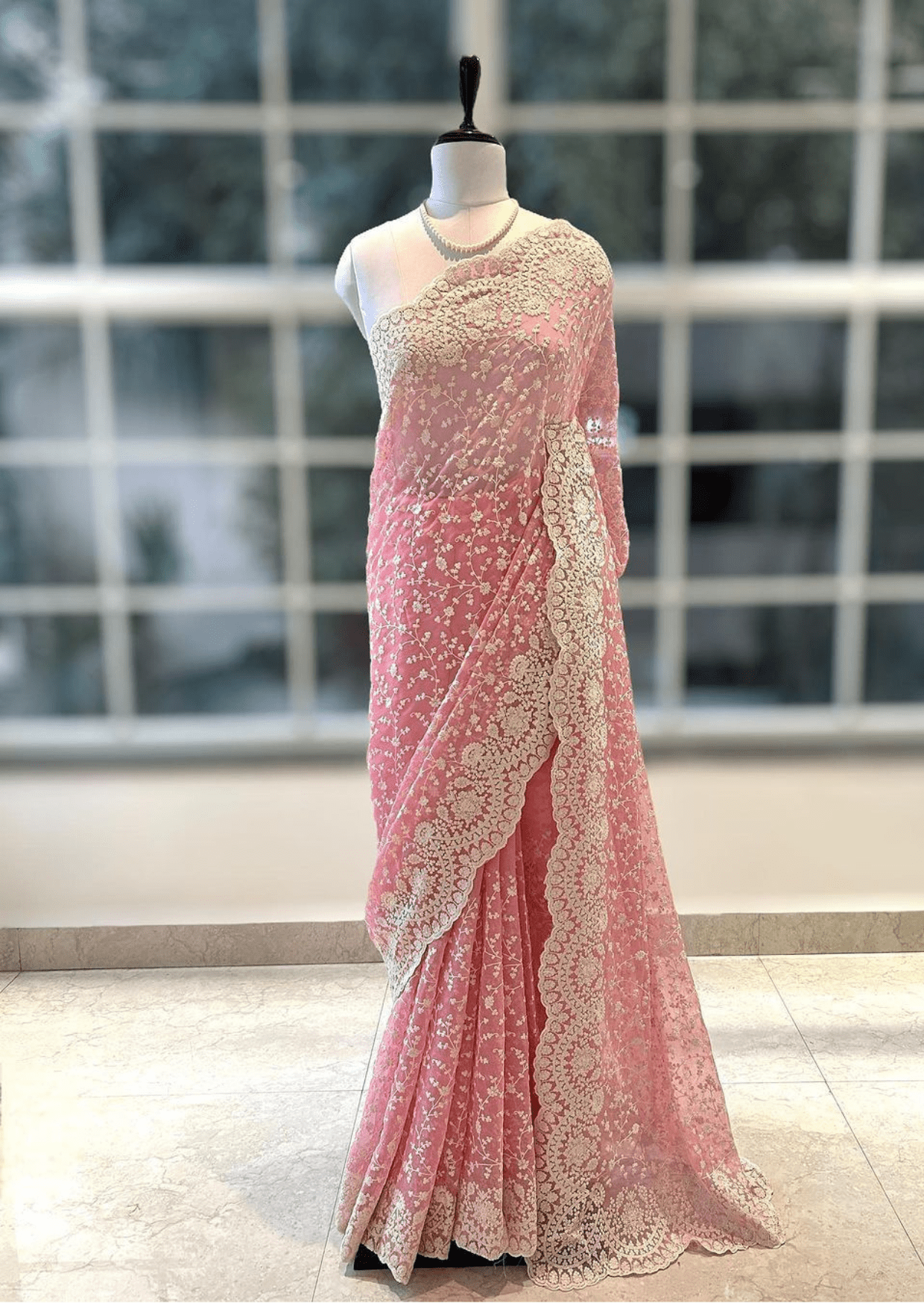 Blush Elegance Pink Embroidered Net Saree - Yooneck