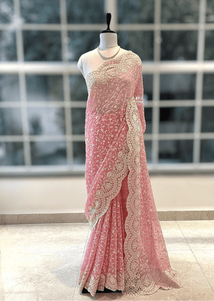 Blush Elegance Pink Embroidered Net Saree - Yooneck