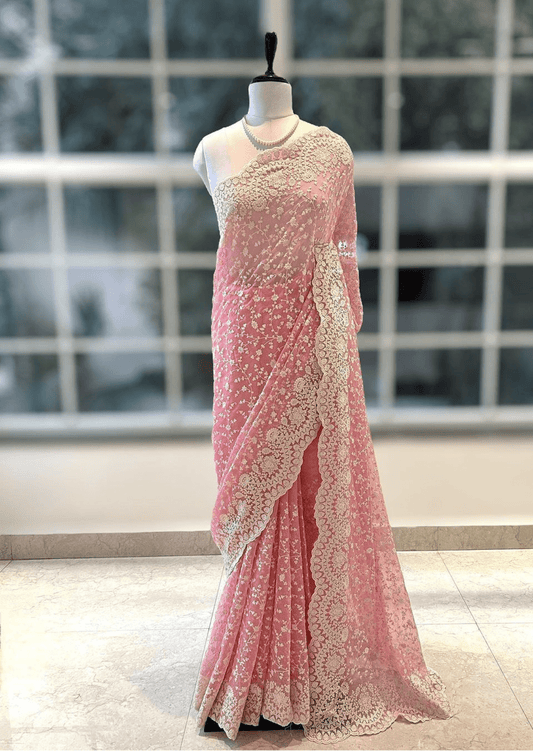 Blush Elegance Pink Embroidered Net Saree - Yooneck