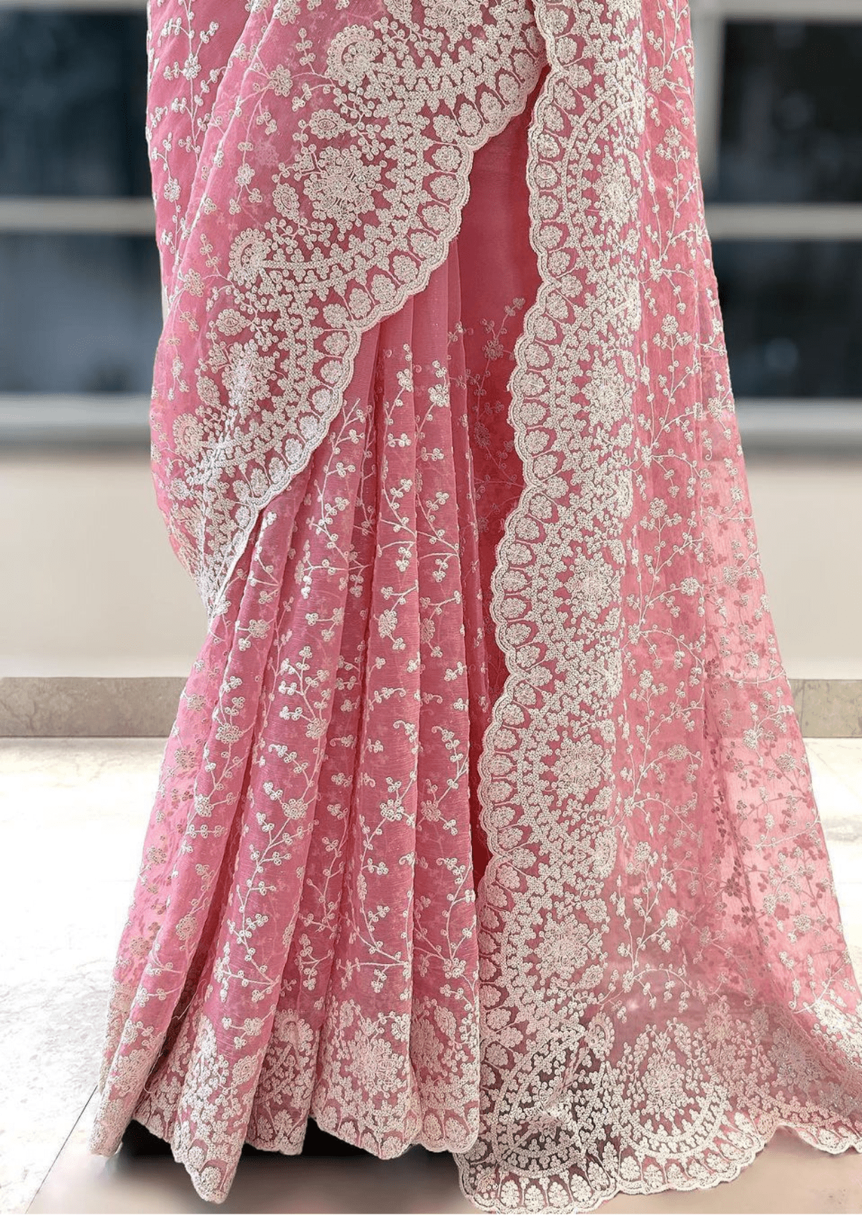blush elegance pink embroidered net saree - yooneck
