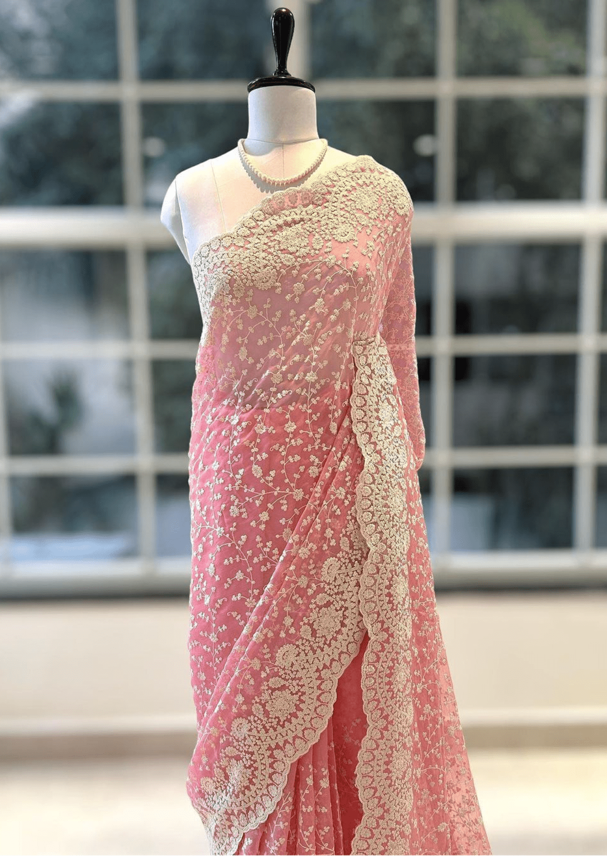 Blush Elegance Pink Embroidered Net Saree - Yooneck