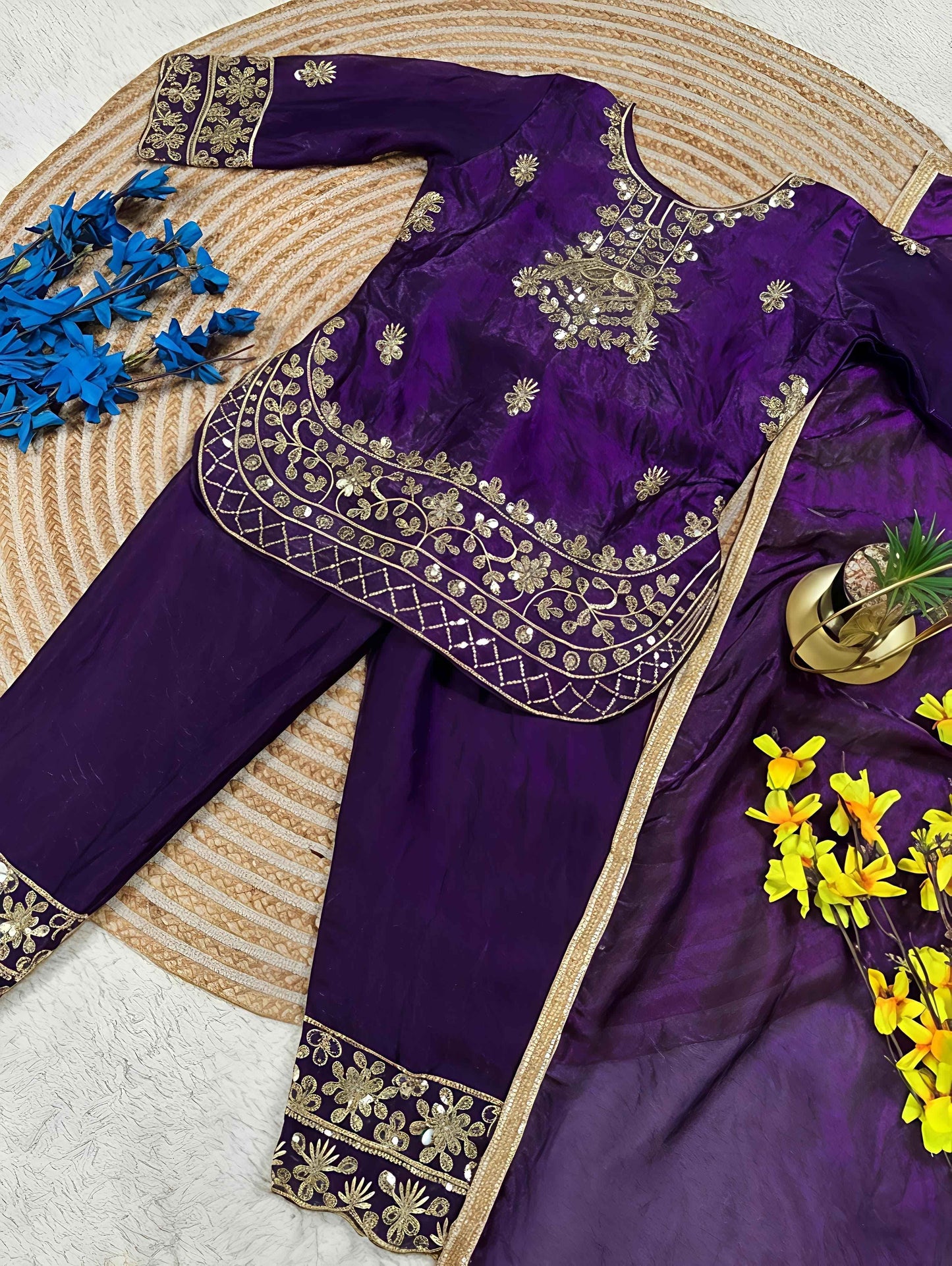 bulbul embroidered silk suit set - yooneck