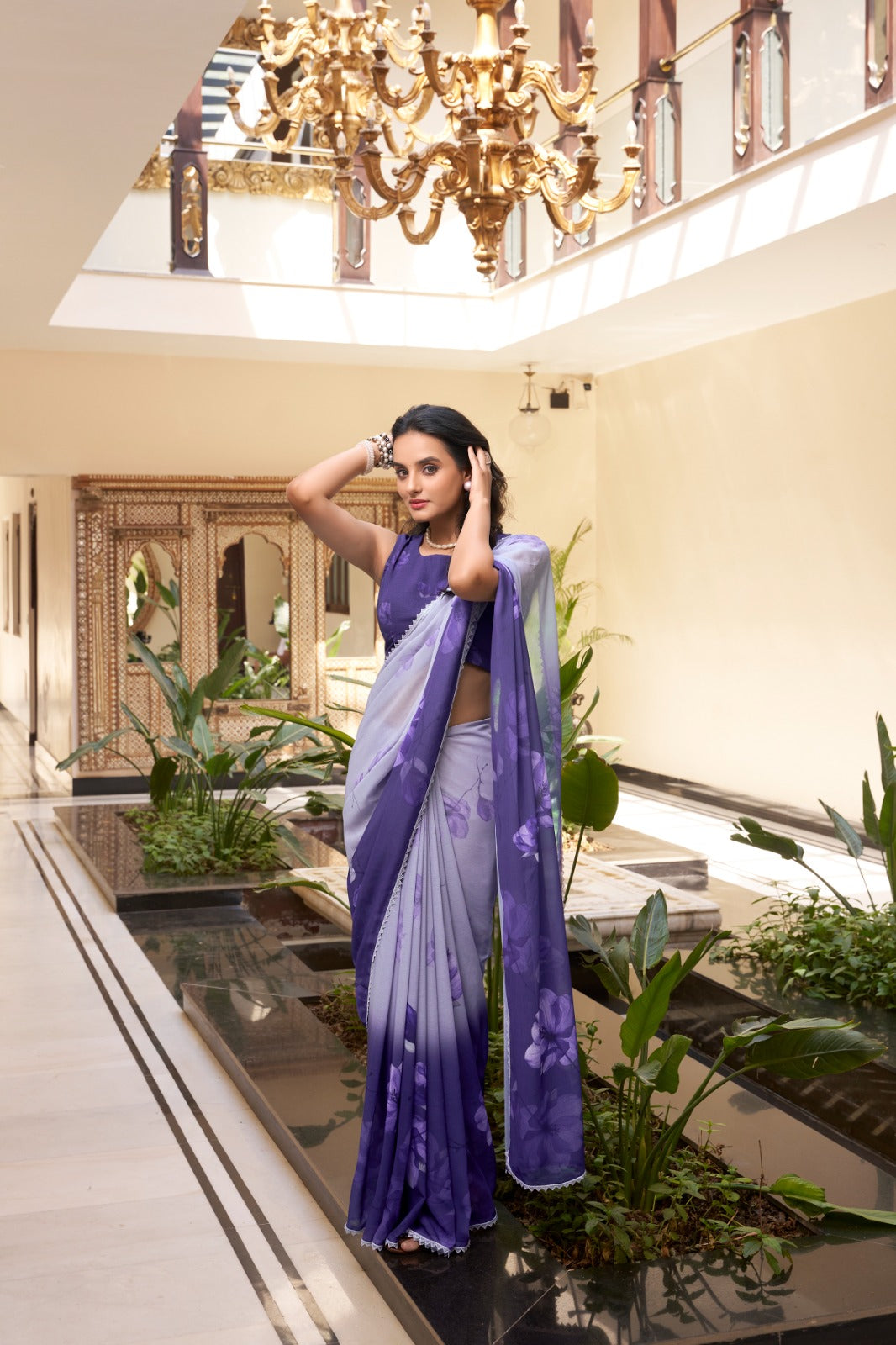 violet whisper floral soft georgette saree