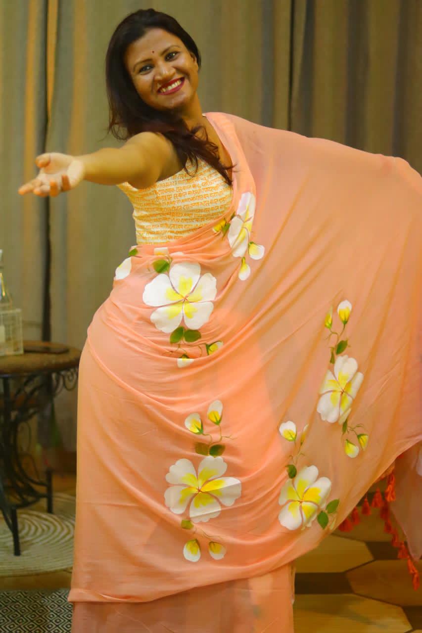 peach blossom mull cotton handprint saree