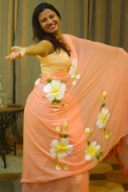 Peach Blossom Mull Cotton Handprint Saree