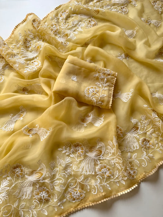 Surya Pankh Mustard Embroidered Chiffon Saree