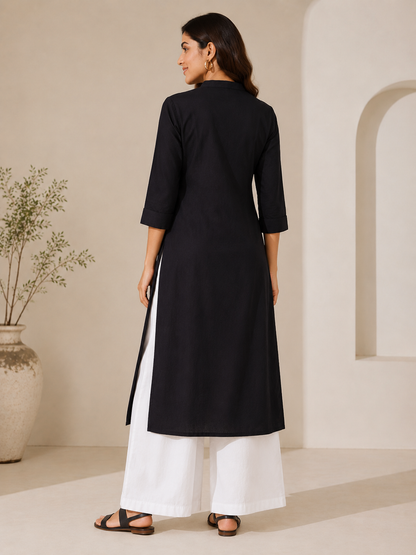 Midnight Black Straight Kurta with White Palazzo Set
