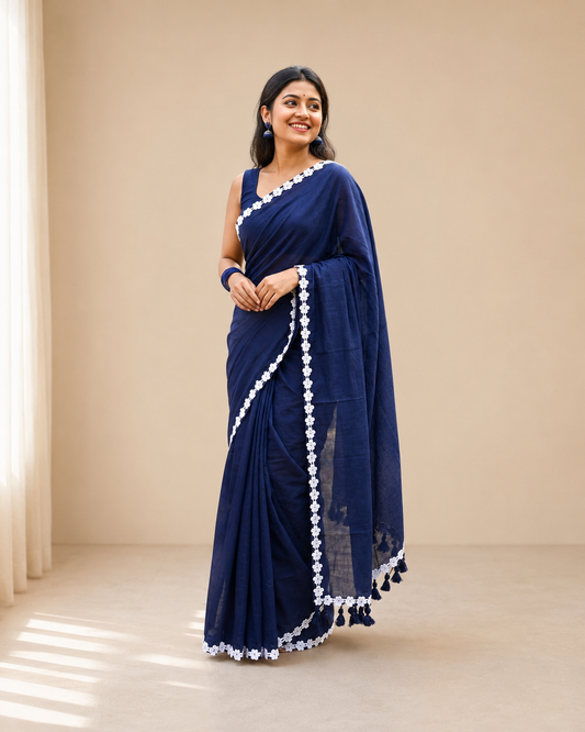 NISHA Blue Mul Cotton Saree with Delicate Lace Border