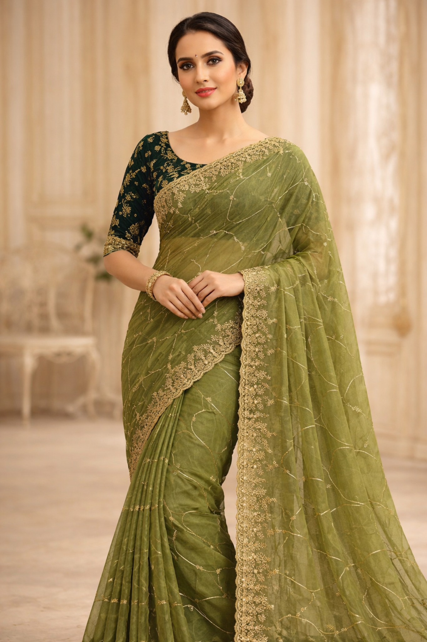 olive royale georgette embroidered saree