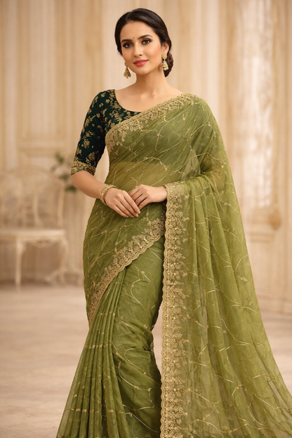 Olive Royale Georgette Embroidered Saree
