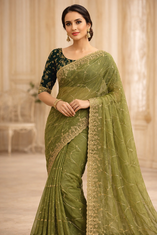 Olive Royale Georgette Embroidered Saree